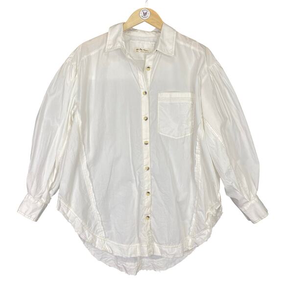 WE THE FREE Happy Hour Button Up Shirt Womens S White Boxy Oversized Puff Sleeve - Picture 2 of 11